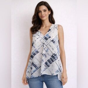 White House Black Market Blue and White V-Neck Blouse